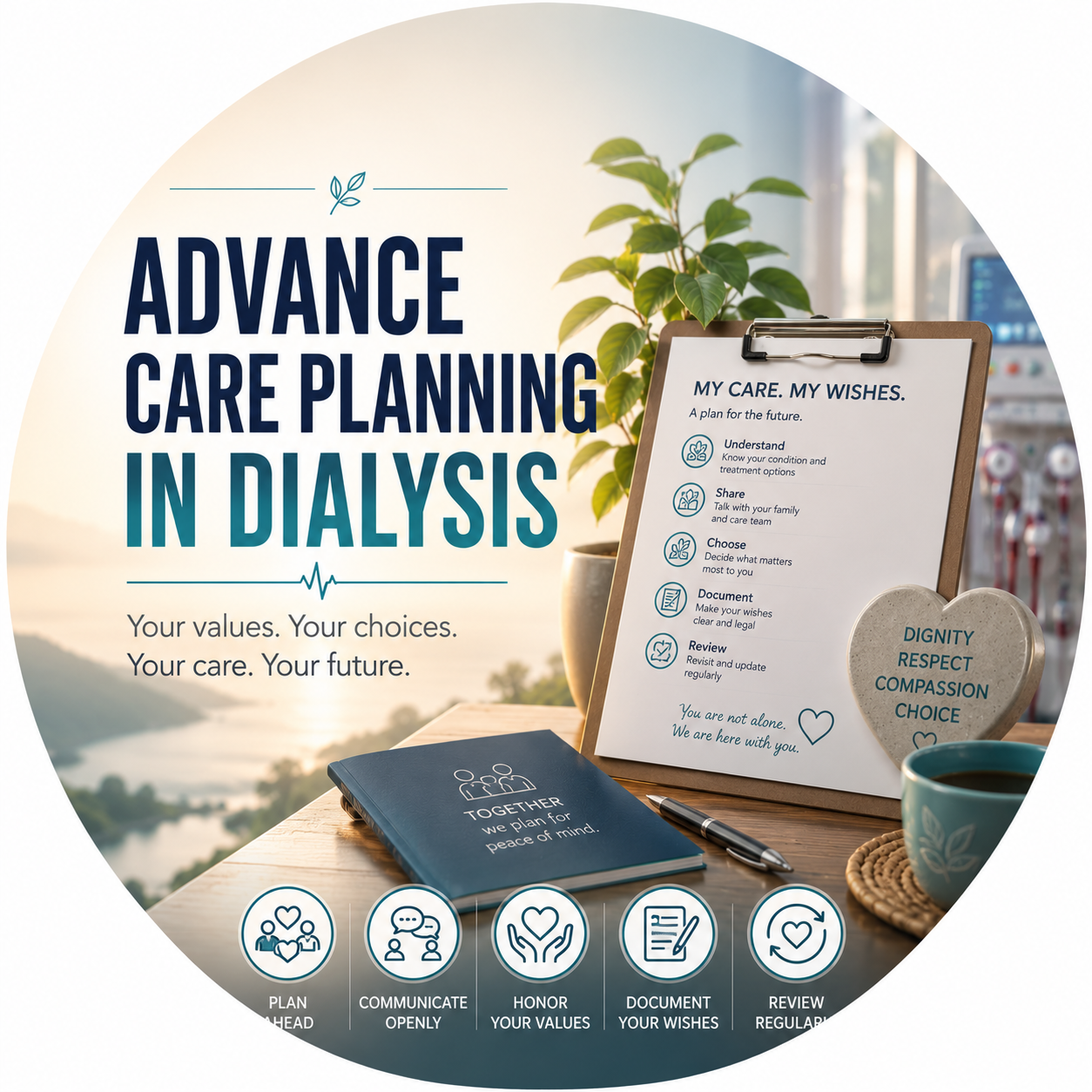 Circular vignette hero illustration for the advance care planning in dialysis guide.