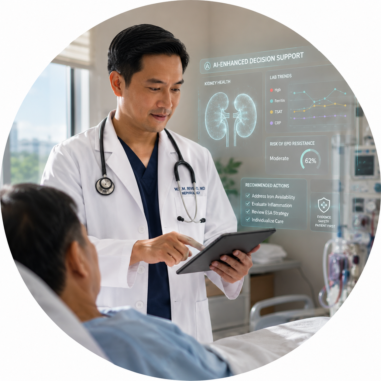 Circular vignette hero illustration — a nephrologist at the bedside with an AI decision-support overlay showing a kidney, EHR sparkline, and a confidence band.