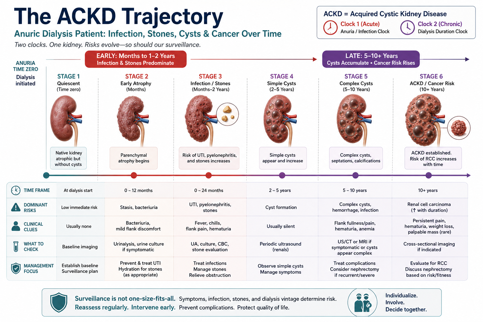 Staircase chart showing acquired cystic kidney disease prevalence climbing with dialysis vintage — from 7 to 22 percent pre-dialysis up to about 90 percent beyond 10 years — alongside the roughly 100-fold increased renal cell carcinoma risk this carries.