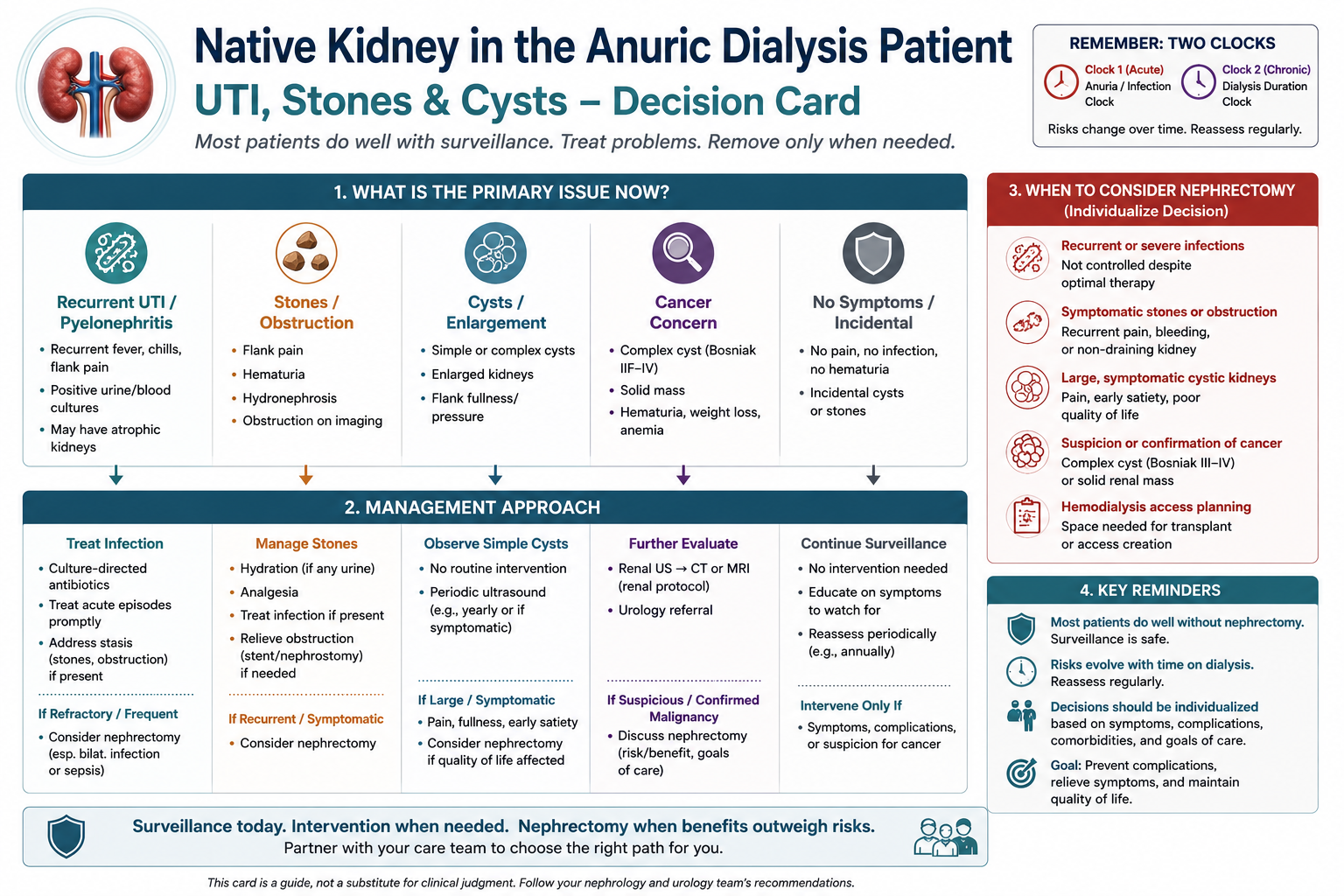 Printable clinical pocket reference summarizing the finding-to-action decision framework for infection, stones, and cysts in the anuric dialysis patient, anchored by the rule 'treat the patient, not the urine or the stone.'
