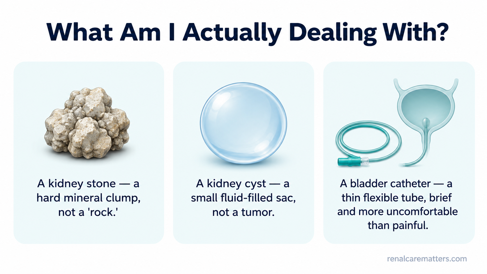 Three-panel patient-friendly illustration explaining a kidney stone as a hard mineral clump, a kidney cyst as a small fluid-filled sac, and a bladder catheter test as a brief, thin flexible tube procedure.