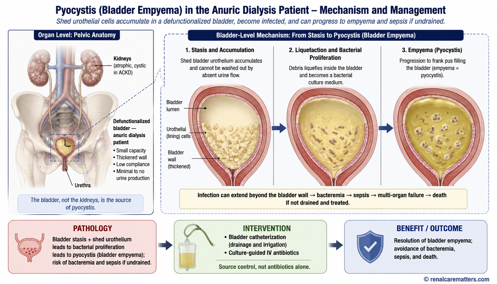 Biomedical mechanism schematic of pyocystis — shed bladder urothelial cells accumulating and liquefying in a defunctionalized dialysis-patient bladder, progressing to empyema, resolved by catheter drainage and culture-guided antibiotics.