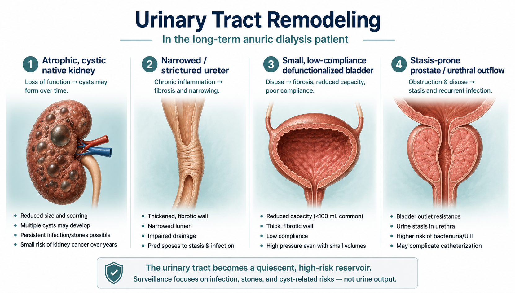Review-article schematic of disuse remodeling across the urinary tract in a long-standing anuric dialysis patient — atrophic and cystic native kidneys, strictured ureters, a small defunctionalized bladder, and a stasis-prone prostate/urethra outflow.
