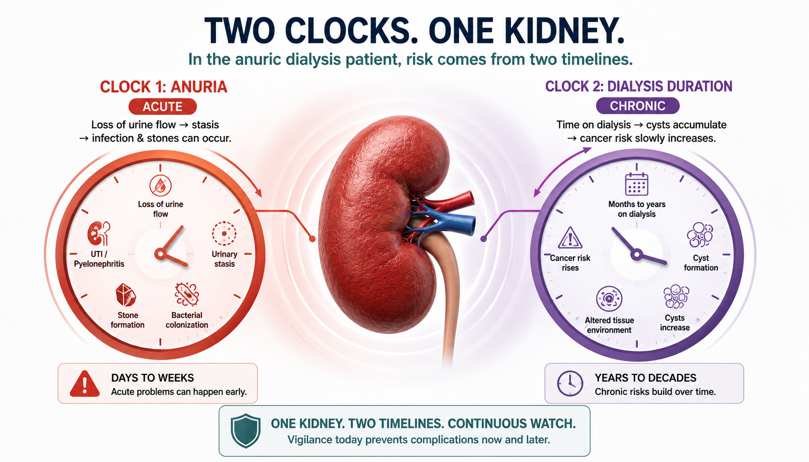 Schematic of two independent clocks acting on the native kidney of an anuric dialysis patient: the anuria clock driving infection and stone risk, and the dialysis-duration clock driving cyst formation and cancer risk.