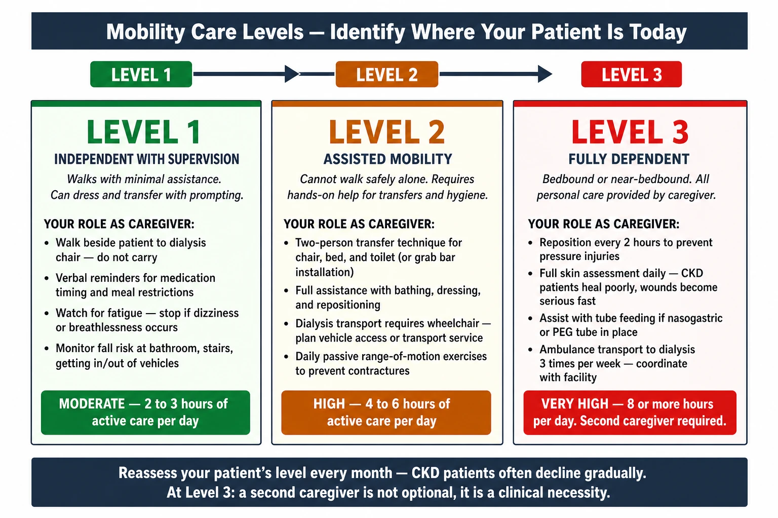 CKD caregiver mobility levels — Level 1 independent with supervision, Level 2 assisted mobility, Level 3 fully dependent — with daily care effort and key caregiver tasks per level