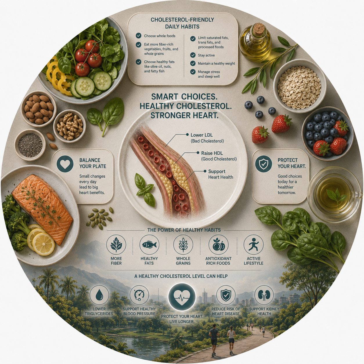 Circular vignette hero illustration for the cholesterol and the Filipino diet guide.