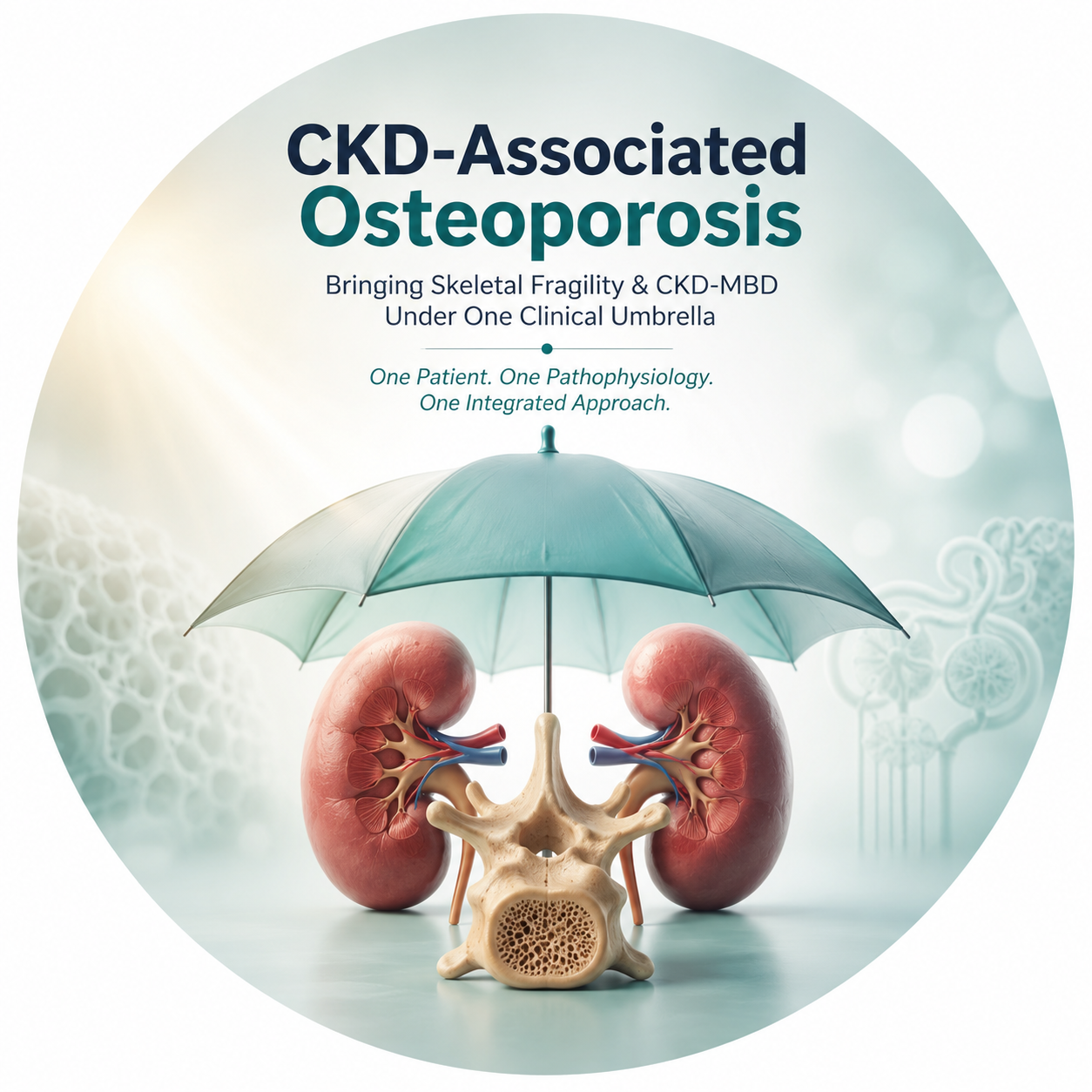 Circular vignette hero illustration for the CKD-associated osteoporosis clinician guide — a stylised umbrella sheltering a healthy nephron and an aging vertebral body, in calm clinical light.