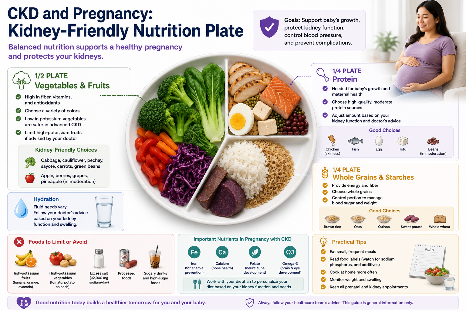 CKD pregnancy nutrition plate showing recommended food proportions with Filipino food examples — half vegetables, quarter lean protein, quarter controlled carbohydrates