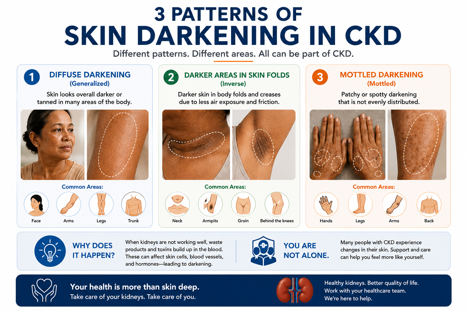 Three patterns of skin darkening in kidney disease — diagram by W Rivero, MD