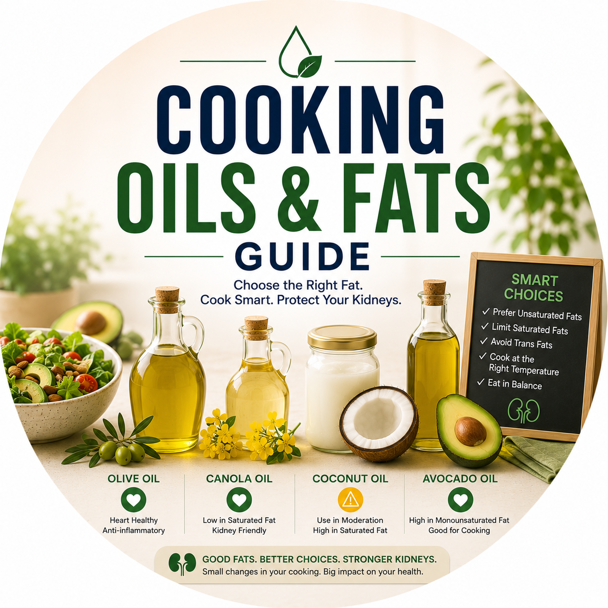 Circular vignette hero illustration for the cooking oils and fats guide.