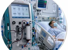 A CRRT machine circuit at the bedside, with the patient resting behind it in the ICU — circular vignette hero.
