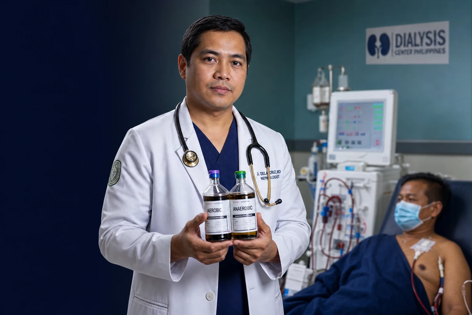 Filipino nephrologist reviewing dialysis access infection workup at a Philippine hemodialysis center