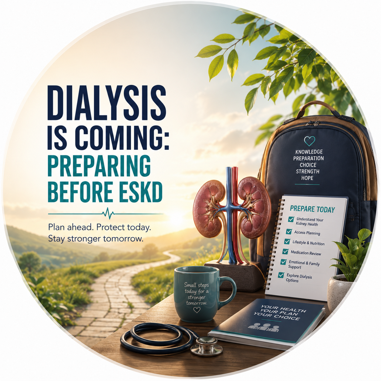 Circular vignette hero illustration for the preparing for dialysis (pre-ESKD) guide.