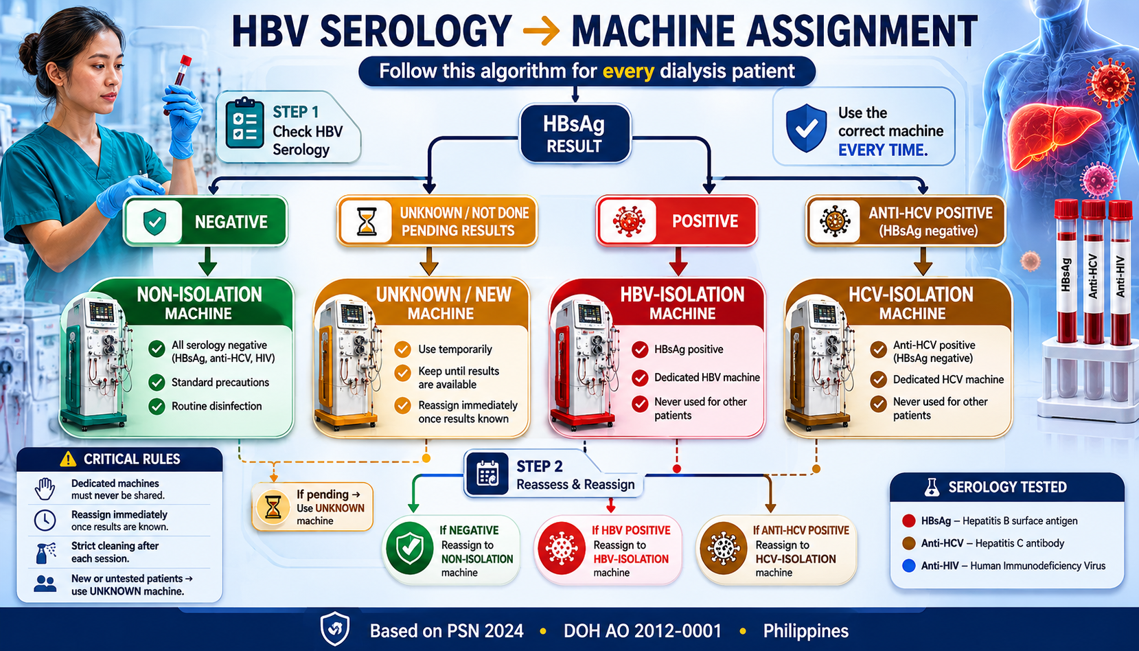HBV serology decision flowchart: from HBsAg result through Anti-HBc IgM to machine assignment — highlighting window period detection and isolated Anti-HBc pattern