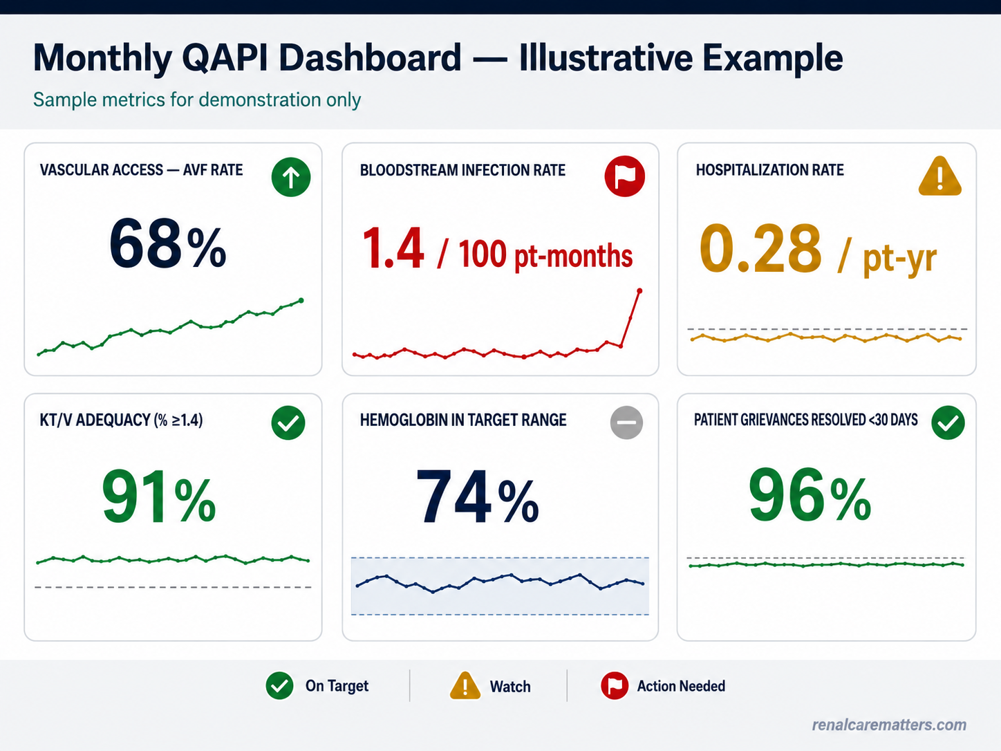 Illustrative monthly QAPI dashboard mock — six metric tiles with sparklines and status badges for vascular access, bloodstream infection rate, hospitalisation rate, Kt/V adequacy, hemoglobin in range, and grievances resolved