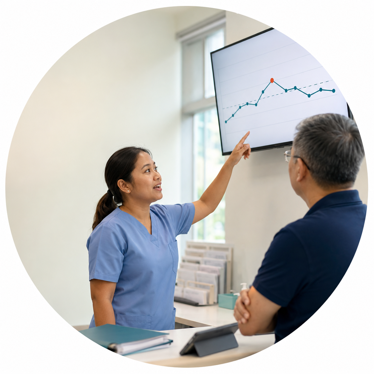 A dialysis unit leadership team reviewing a quality dashboard of run charts during a monthly CQI meeting.