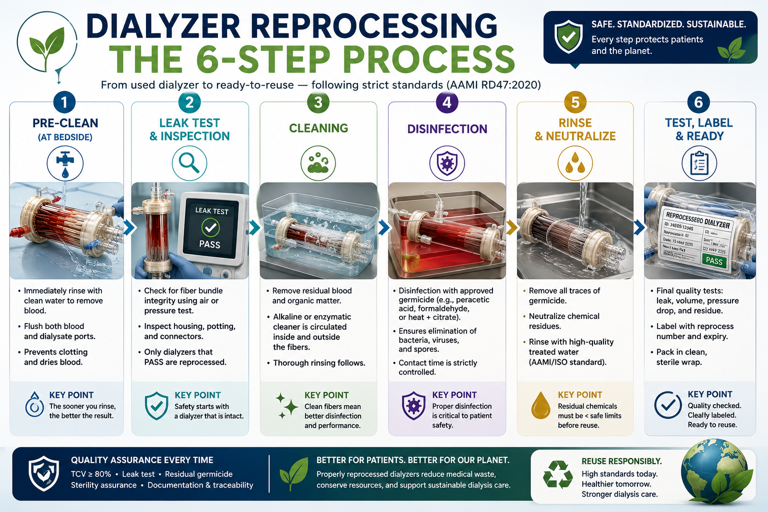 Six numbered steps of the dialyzer reprocessing chain — reverse rinse, total cell volume test, pressure leak test, germicide dwell, labeled storage, and pre-use residual germicide test — shown as a left-to-right infographic.