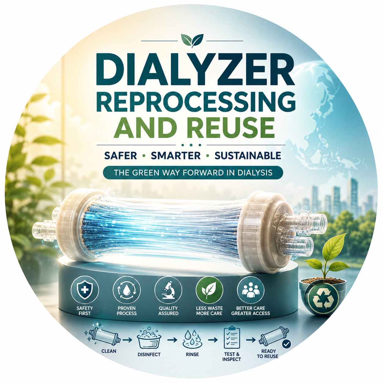 A Filipino dialysis nurse's gloved hands holding a labeled, reprocessed hemodialysis dialyzer with the patient's name visible — the calm visual anchor for this guide on dialyzer reprocessing.