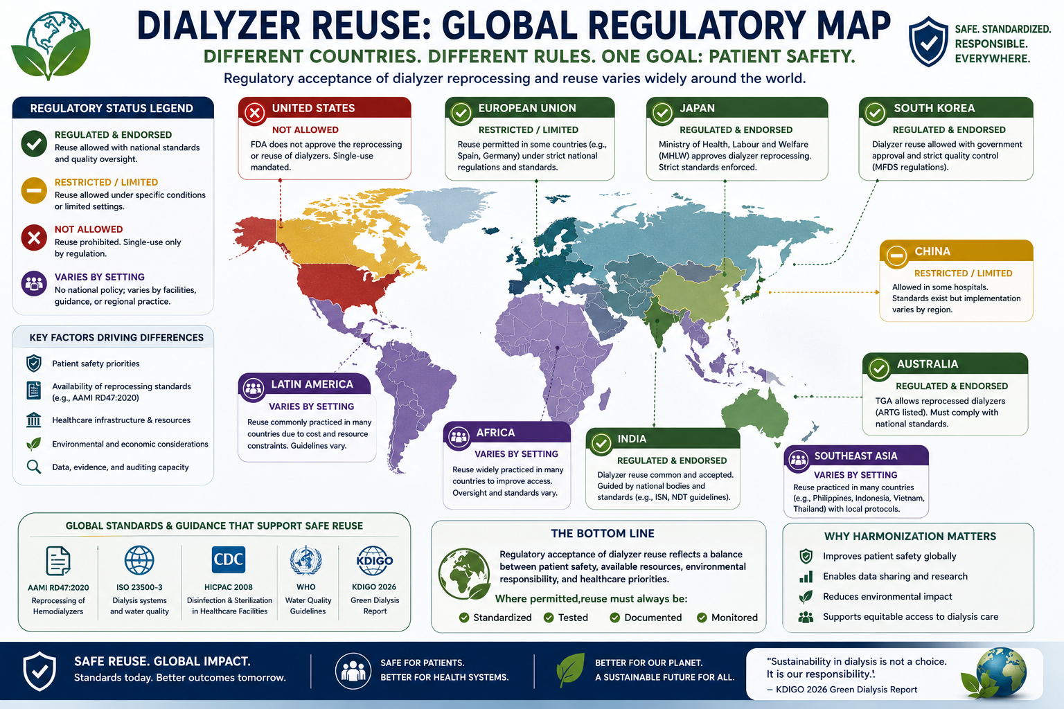 Simplified world map showing the regulatory status of dialyzer reuse — prohibited in Japan, Australia, and most of the European Union; declining in the United States; permitted and pragmatic in many low- and middle-income countries including the Philippines.