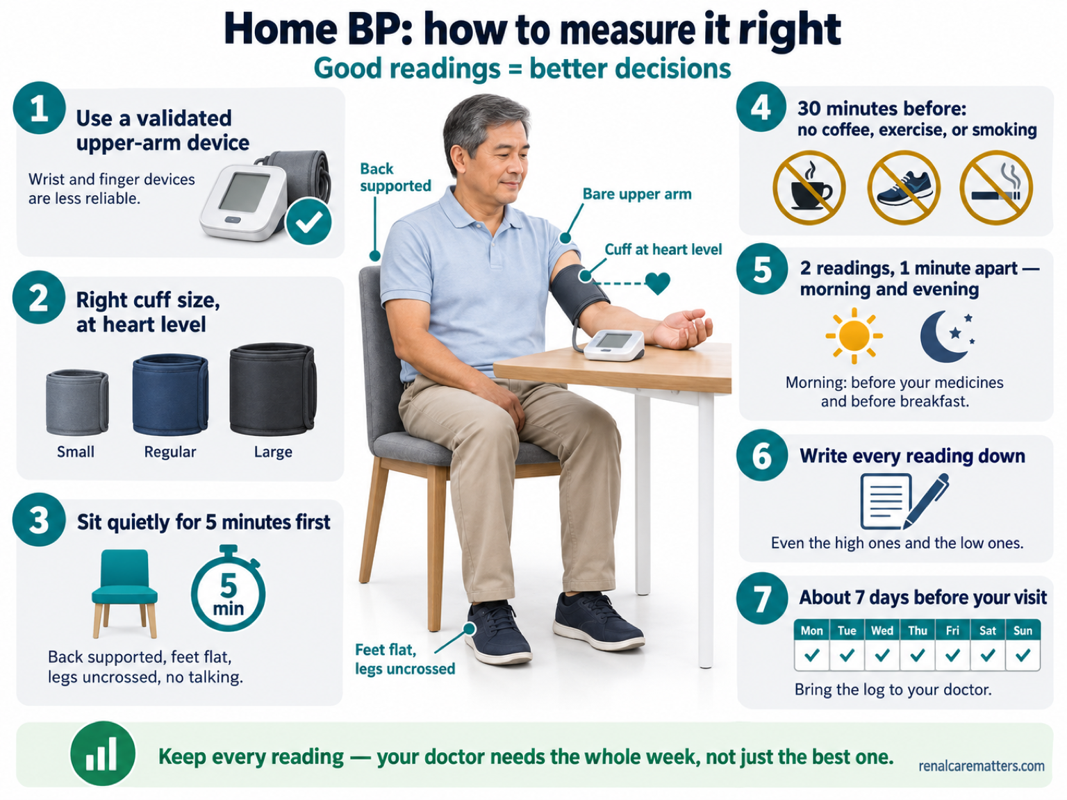 Illustrated step-by-step guide to correct home blood pressure measurement with an upper-arm cuff.