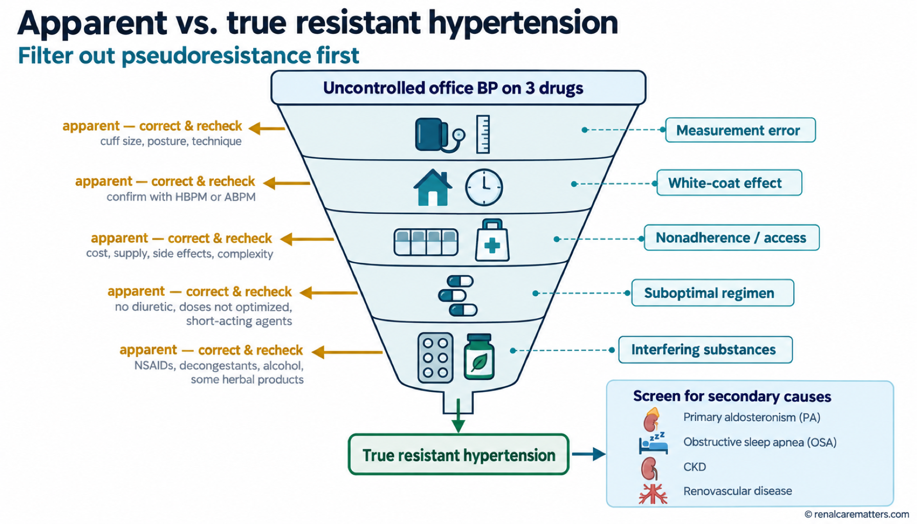 Funnel diagram filtering apparent resistant hypertension down to true resistant hypertension.