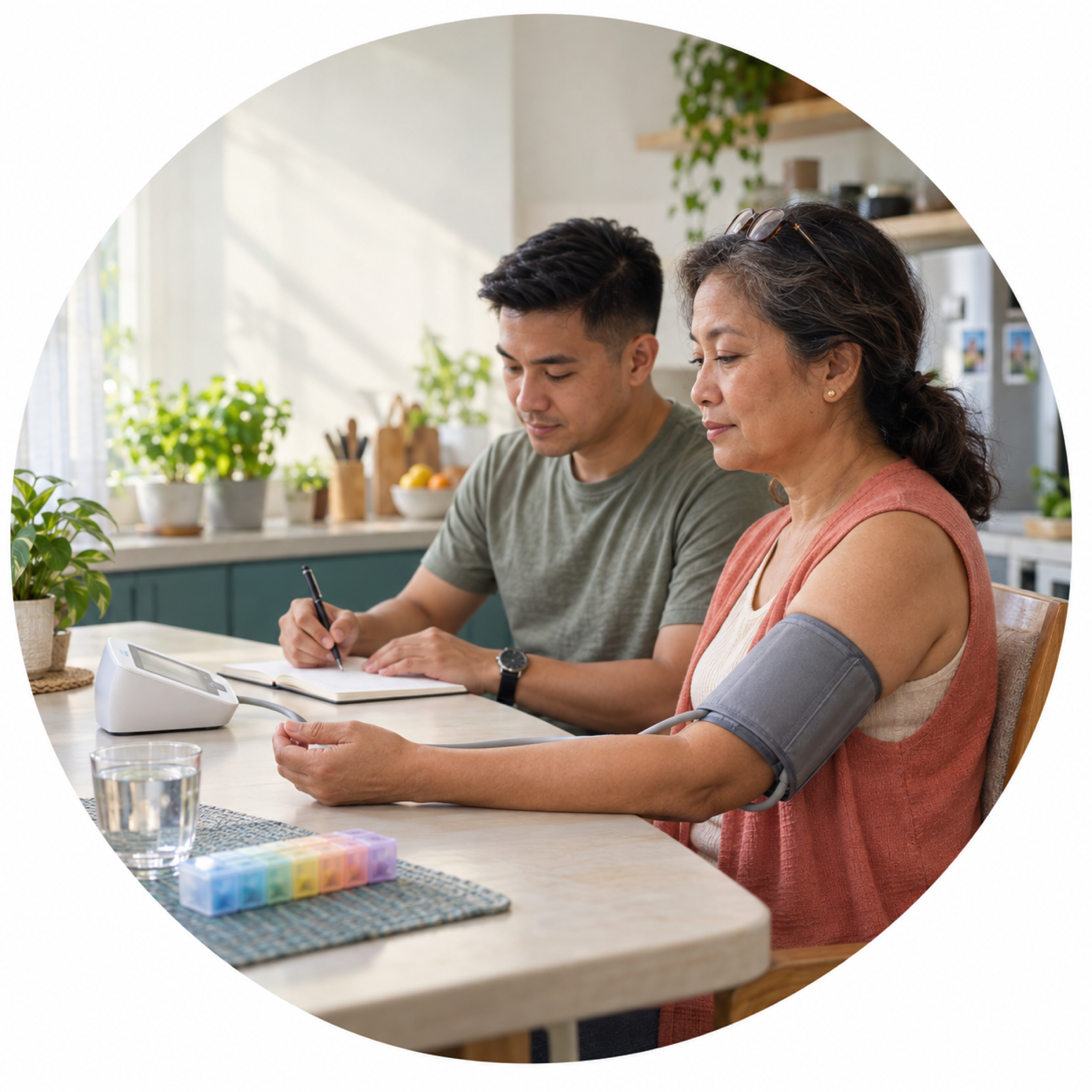 A Filipino woman in her late 50s seated at a sunlit kitchen table measuring her blood pressure with an upper-arm cuff while her adult son writes the reading in a notebook beside a weekly pill organizer.