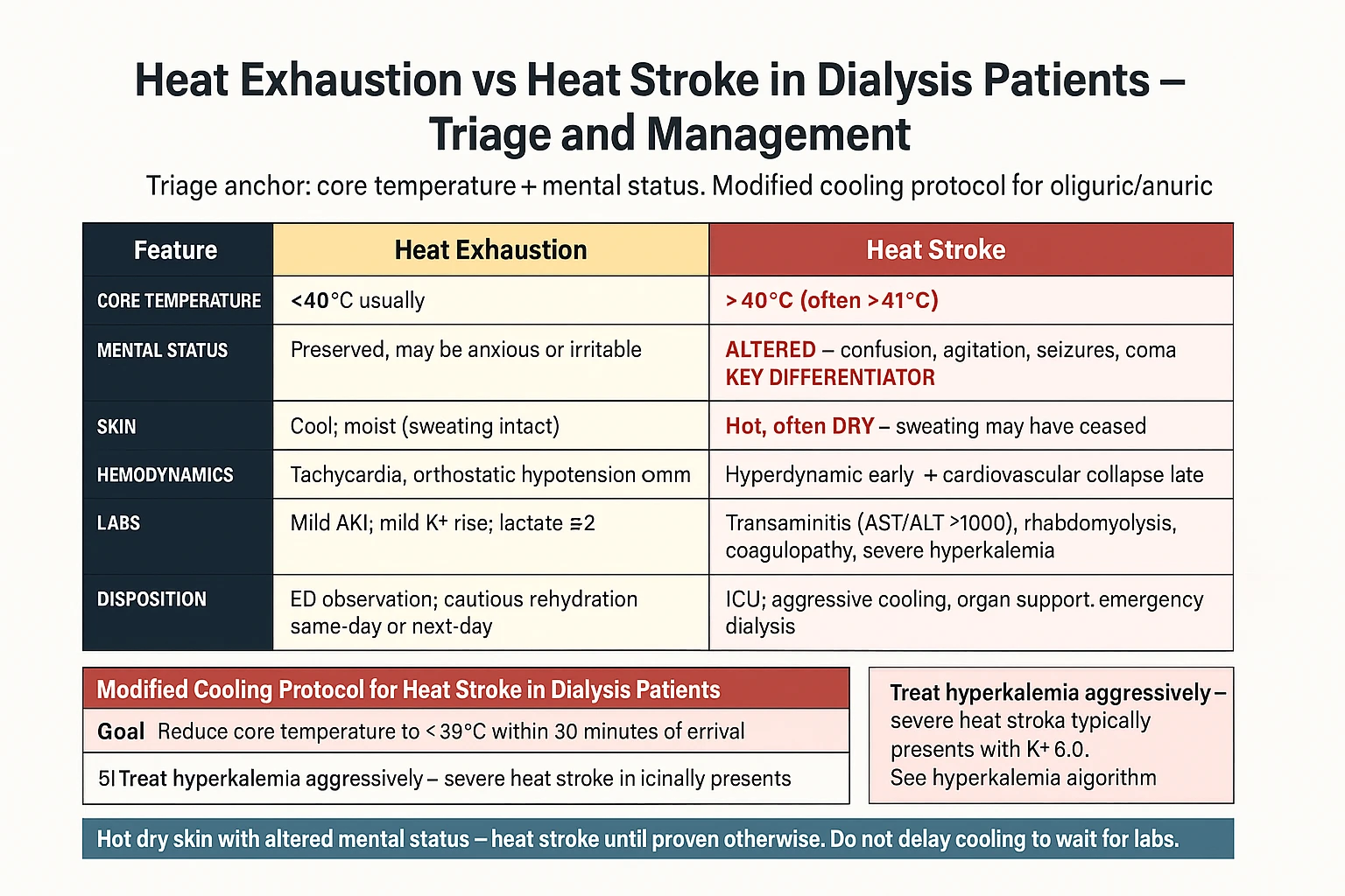 Heat emergency triage algorithm for dialysis patients — heat exhaustion vs heat stroke differentiation, modified cooling protocol, IV fluid precautions in anuric patients