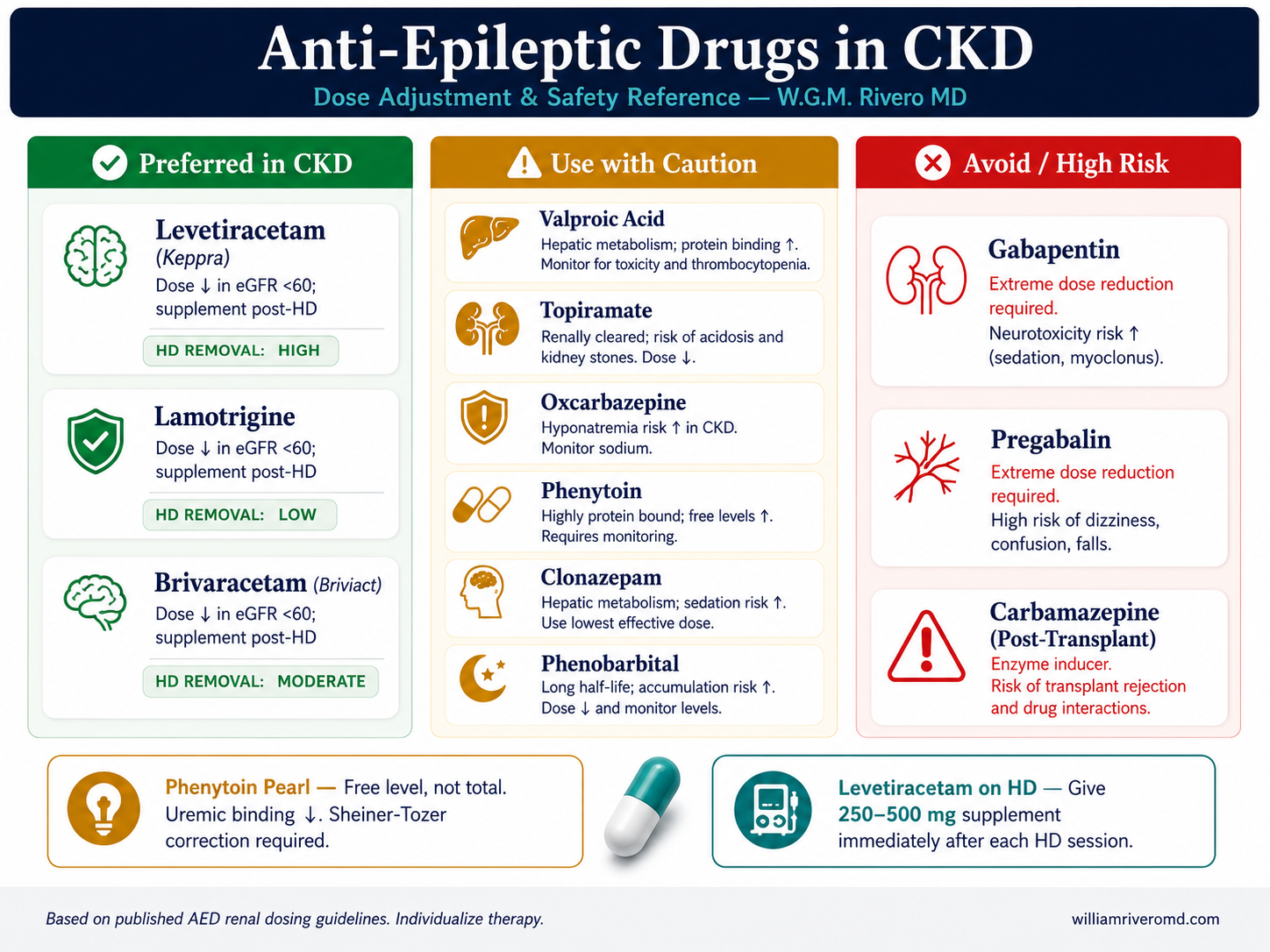 AED safety classification in CKD: preferred (levetiracetam, lamotrigine, brivaracetam), caution, and avoid — with key dose pearls