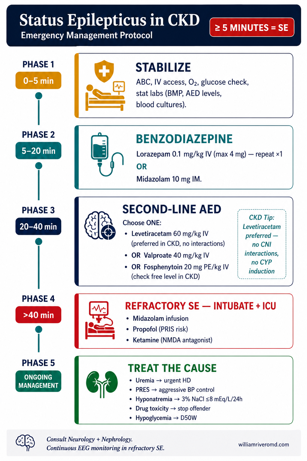 5-phase status epilepticus management algorithm for CKD patients: stabilize, benzodiazepine, second-line AED, refractory SE, treat the underlying cause