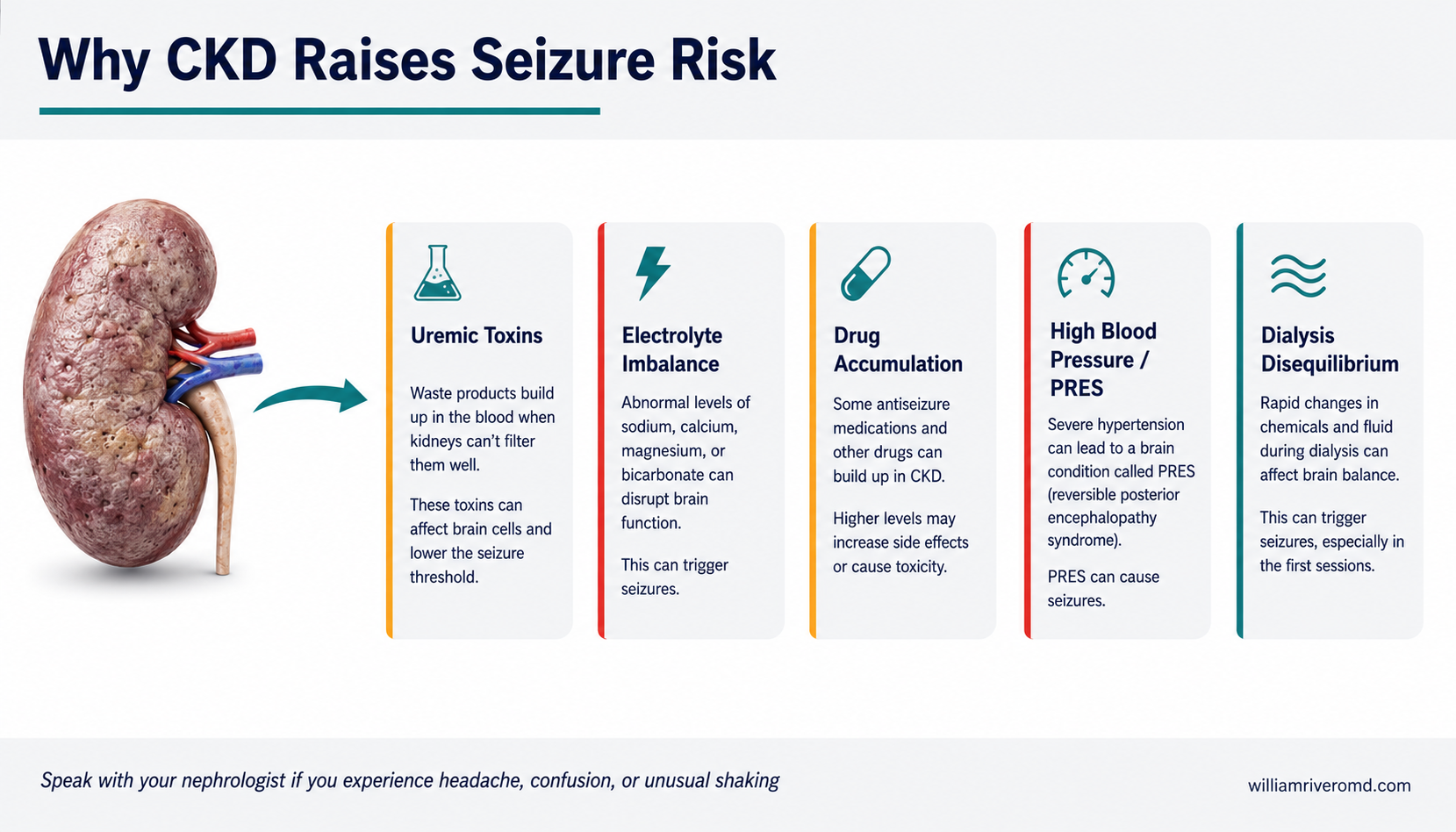 Five reasons CKD raises seizure risk: uremic toxins, electrolyte imbalance, drug accumulation, high blood pressure, and dialysis disequilibrium