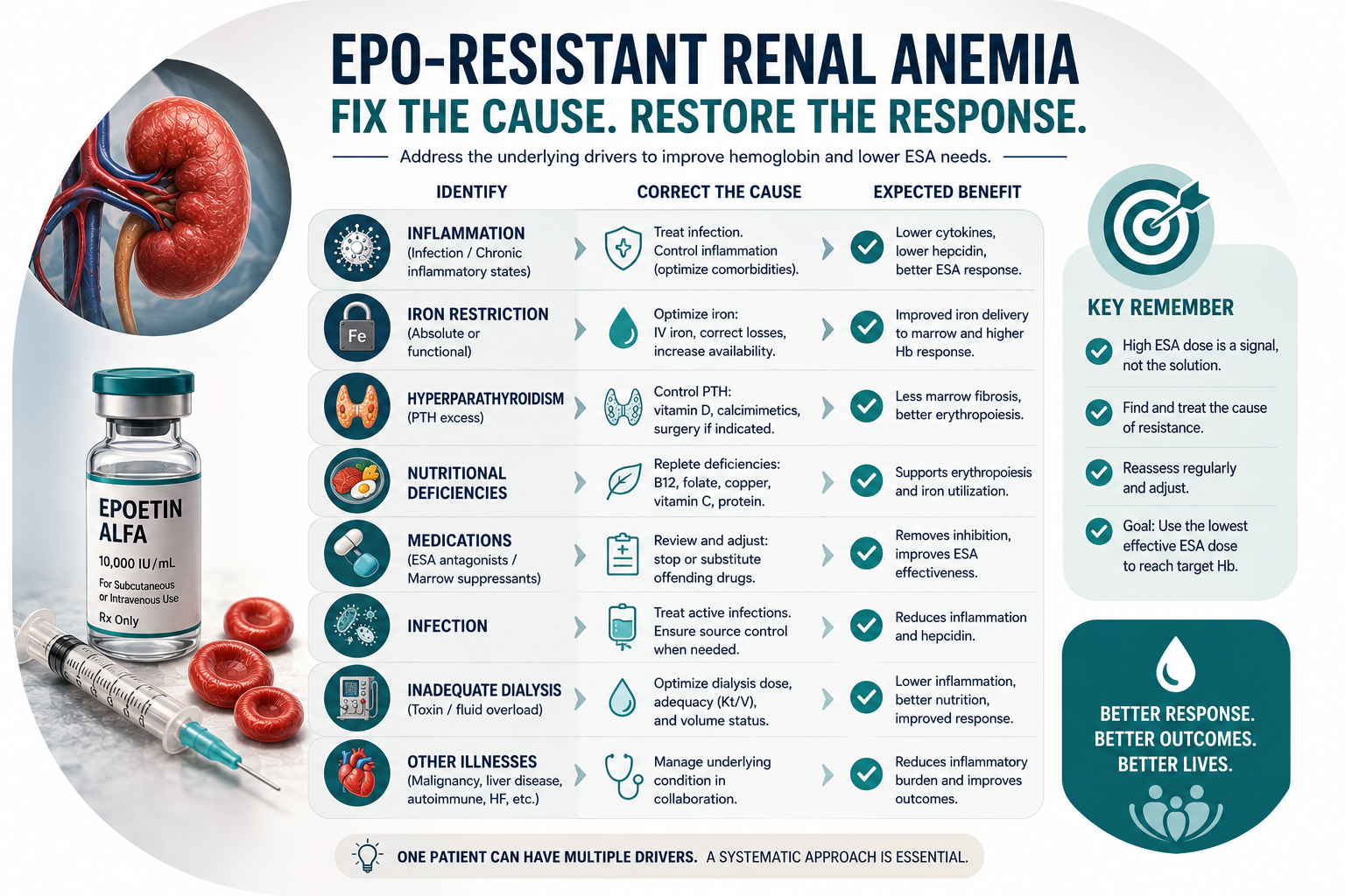 Six-step ladder figure showing the safer plan for EPO-resistant anemia — find & fix the cause, replace iron, hunt hidden infection, balance PTH & minerals, optimize dialysis & nutrition, add HIF-PHI & adjuncts — beside a 'DON'T just push the EPO dose' red caution panel.
