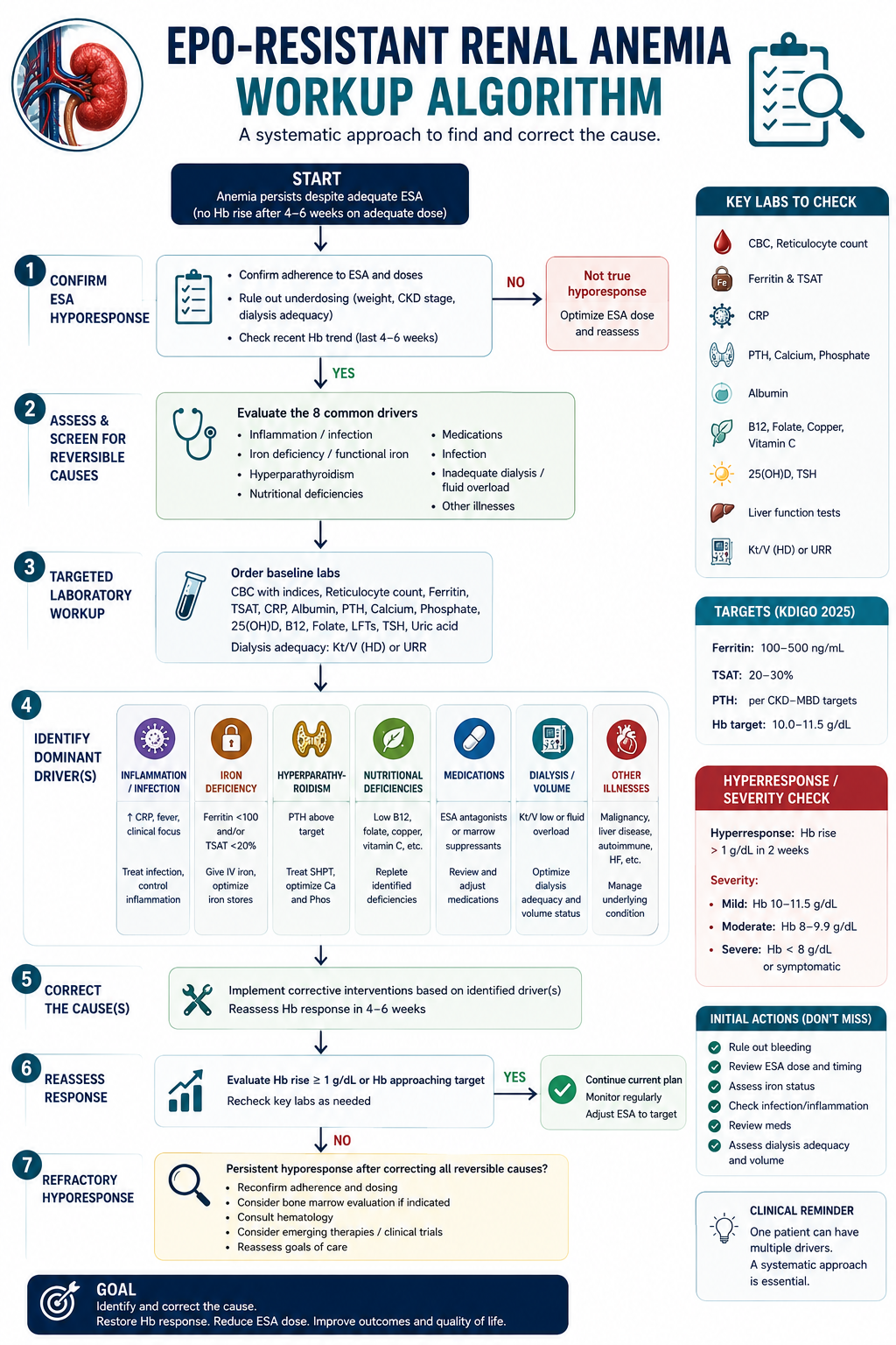 Portrait AHA-style clinical algorithm: ten numbered nodes for the EPO-hyporesponse workup (confirm & quantify; iron status first; inflammation/infection; nutrition; CKD-MBD; dialysis adequacy; vitamins/cofactors; blood loss/hemolysis; PRCA red-flag branch; medication & comorbidity review) with a final dose-ceiling escalation node.