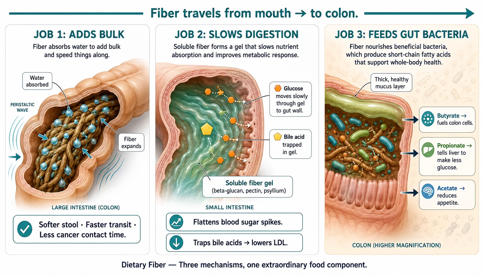 Three-panel diagram showing how fiber adds bulk in the colon, forms a gel to slow digestion, and feeds gut bacteria to produce protective short-chain fatty acids