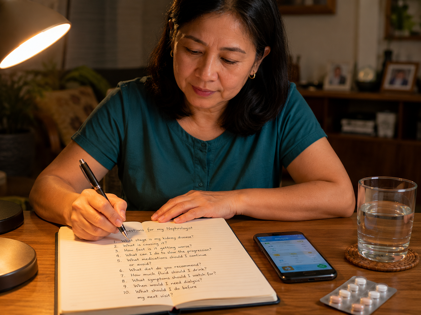 Patient writing questions in notebook before nephrology appointment