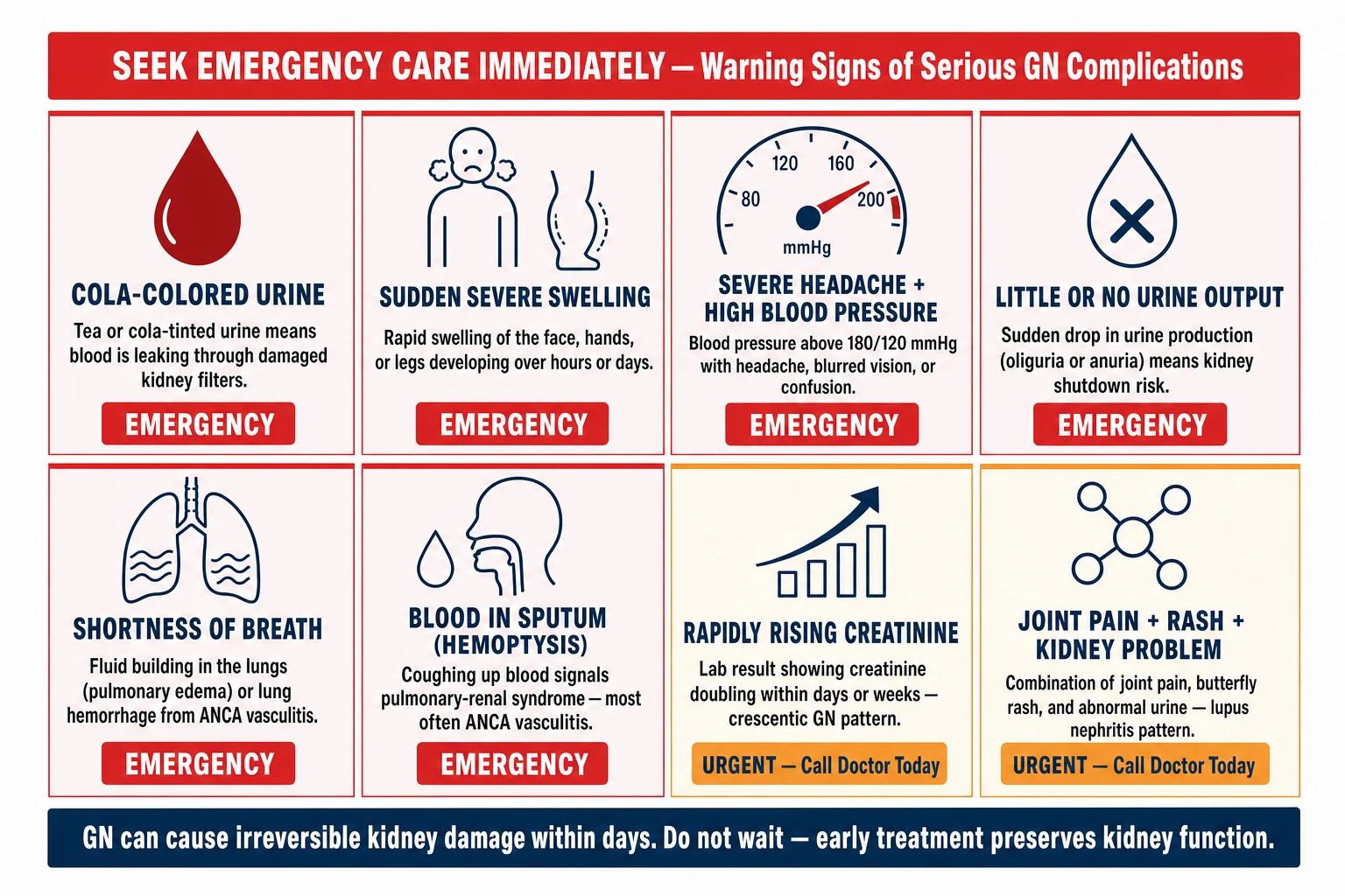 GN emergency red flags — eight warning signs requiring immediate evaluation including cola-colored urine, sudden swelling, hemoptysis, and rapidly rising creatinine