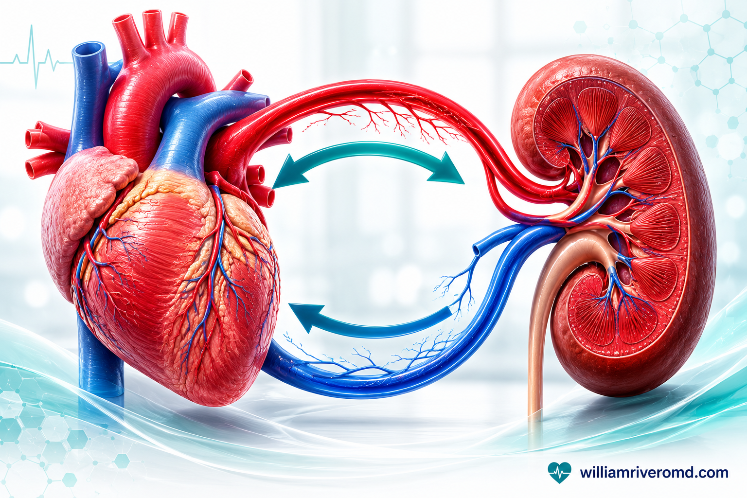 Editorial illustration of a heart and a kidney joined by a single looping blood vessel, showing the two-way cardiorenal connection — when one organ weakens it drags the other down