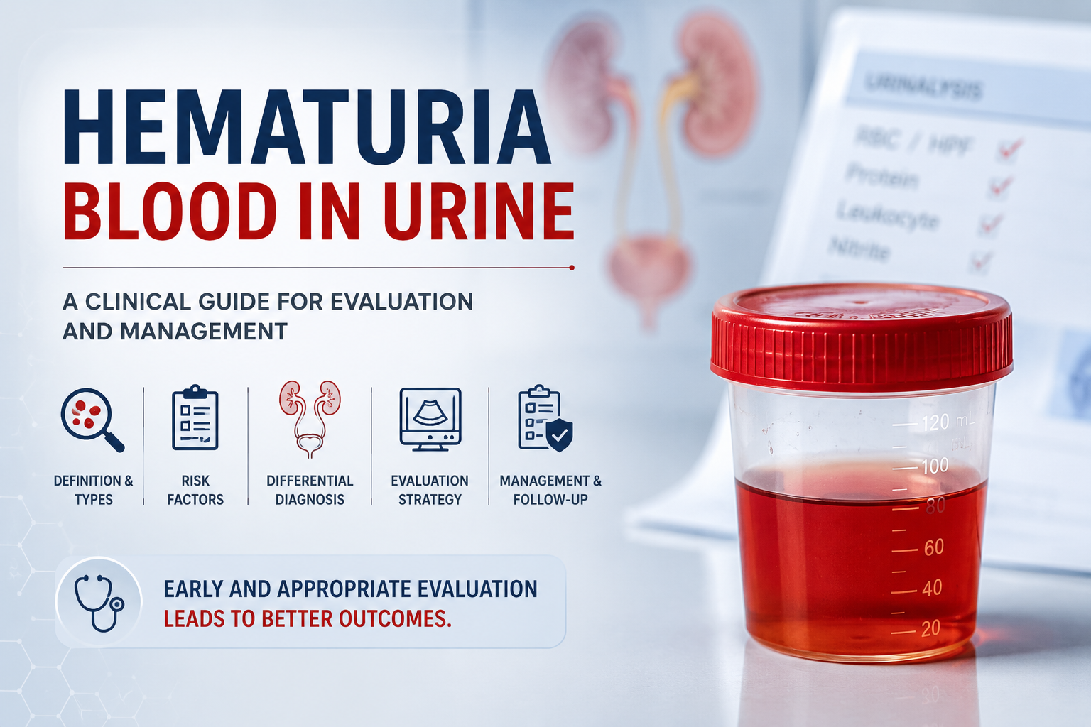 Hematuria evaluation framework — clinician hero: systematic approach to blood in urine, glomerular vs. non-glomerular bifurcation, nephrology and urology pathways · williamriveromd.com