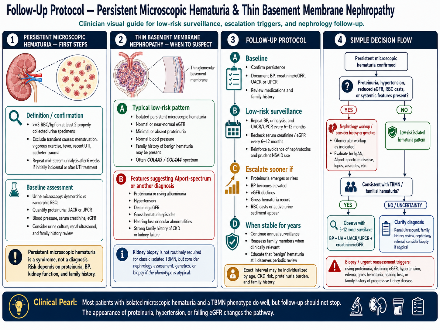 Long-term hematuria follow-up protocol — monitoring timeline from baseline to annual review for persistent microscopic hematuria without definitive diagnosis · williamriveromd.com