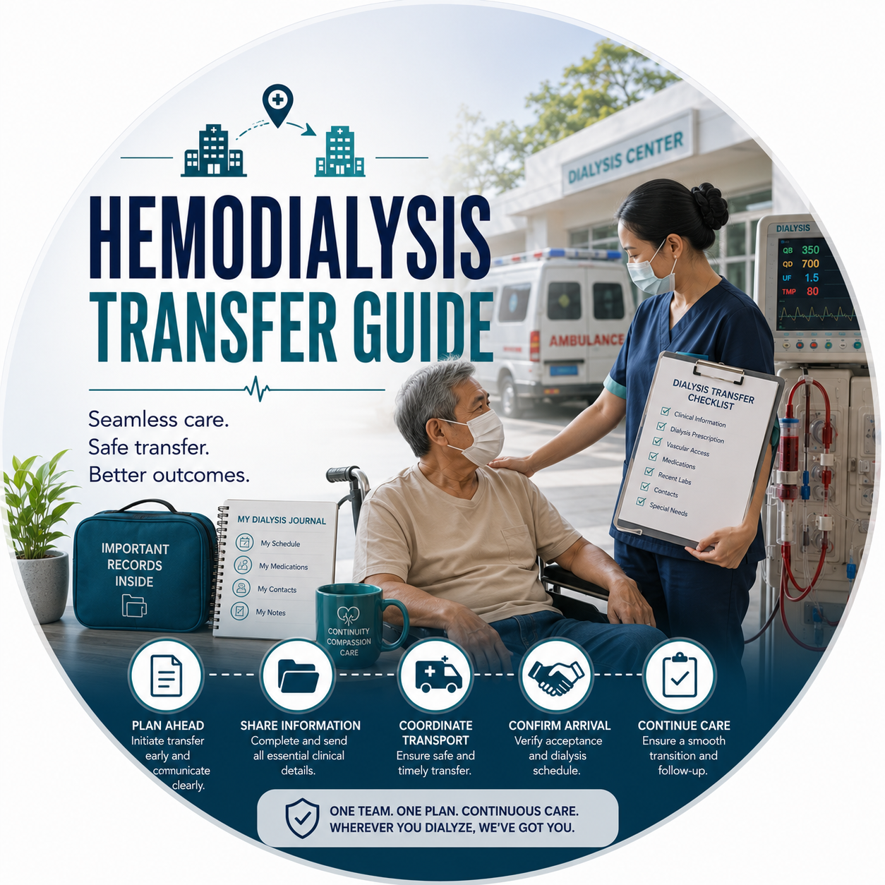 Circular vignette hero illustration for the hemodialysis transfer guide.