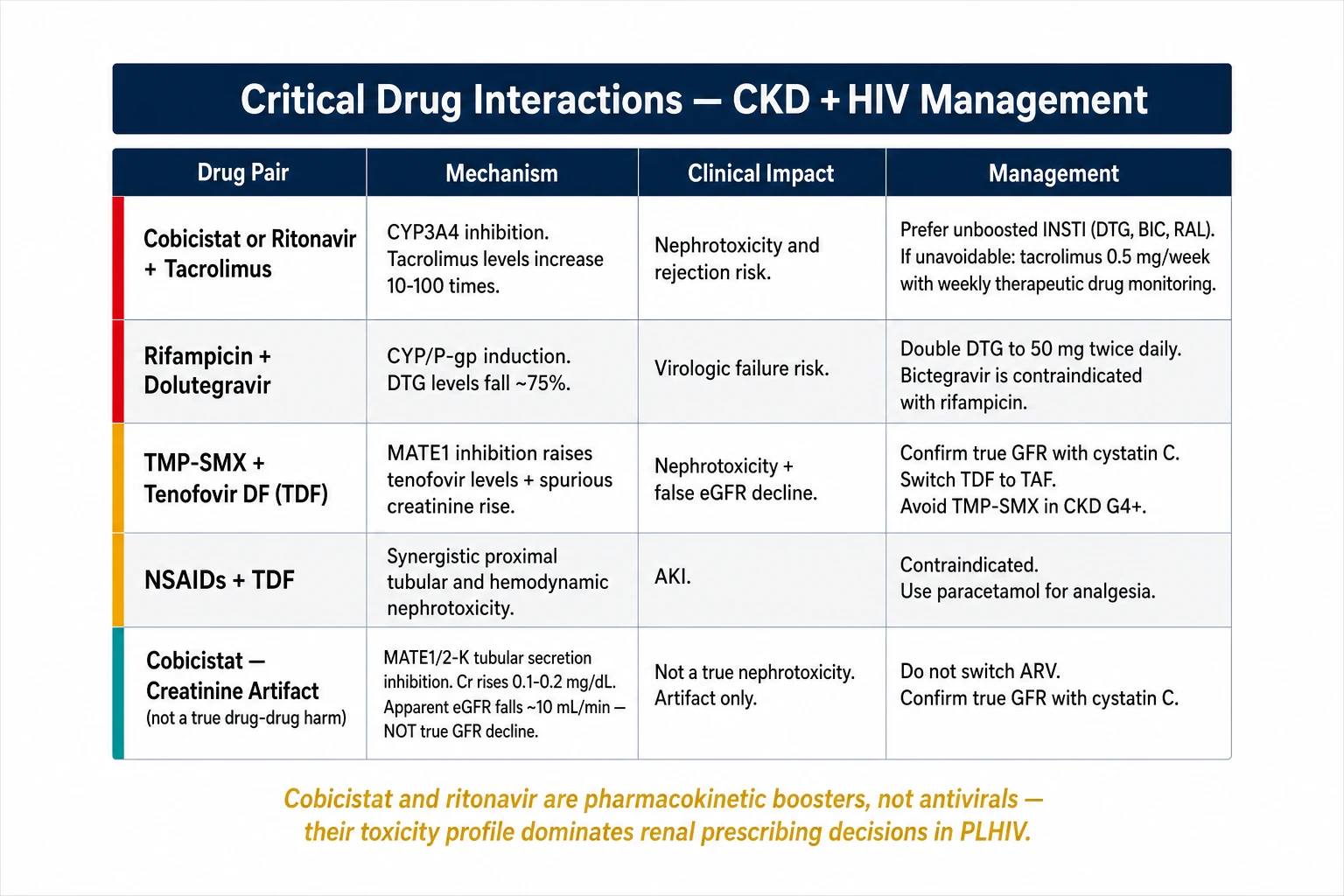 Critical drug interactions in CKD + HIV — cobicistat/tacrolimus, rifampicin/DTG, TMP-SMX/TDF, NSAIDs/TDF, cobicistat creatinine artifact