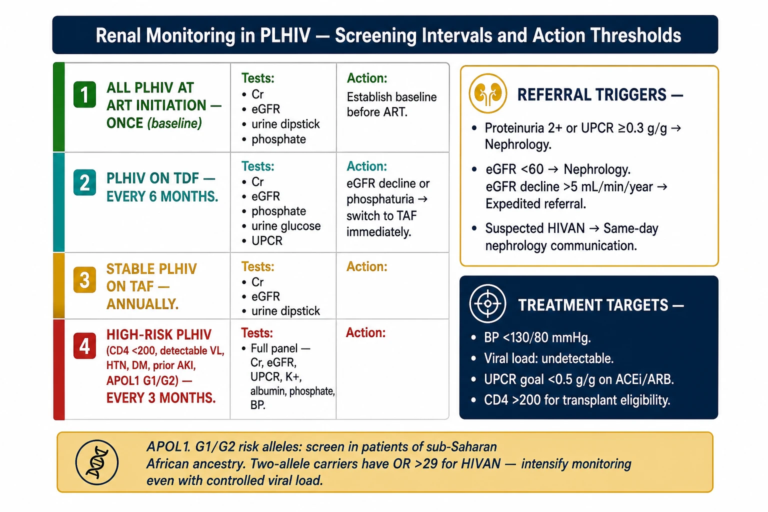 Renal monitoring intervals for PLHIV — 4-tier schedule by TDF/TAF/high-risk status with referral triggers and treatment targets