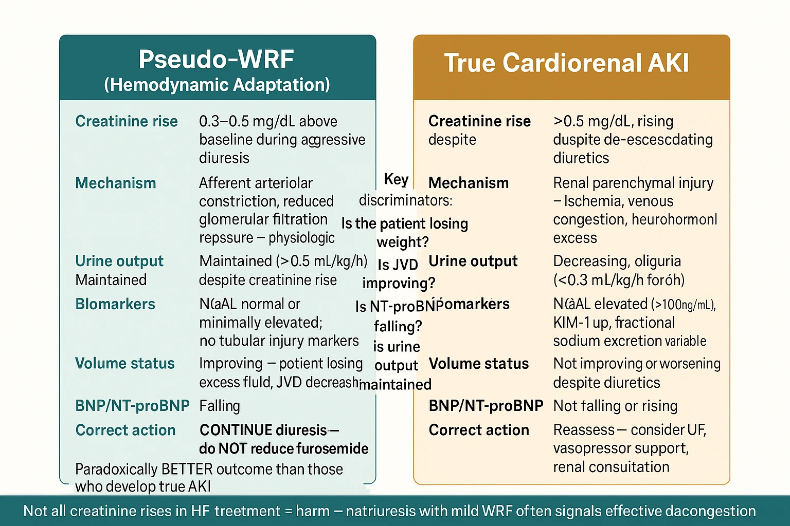 Two-panel clinical comparison: Pseudo-WRF (left, teal background) vs True Cardiorenal AKI (right, amber background) — differentiating creatinine rise during HF decongestion by urine output, NGAL, volume trajectory, NT-proBNP trend, and correct clinical action