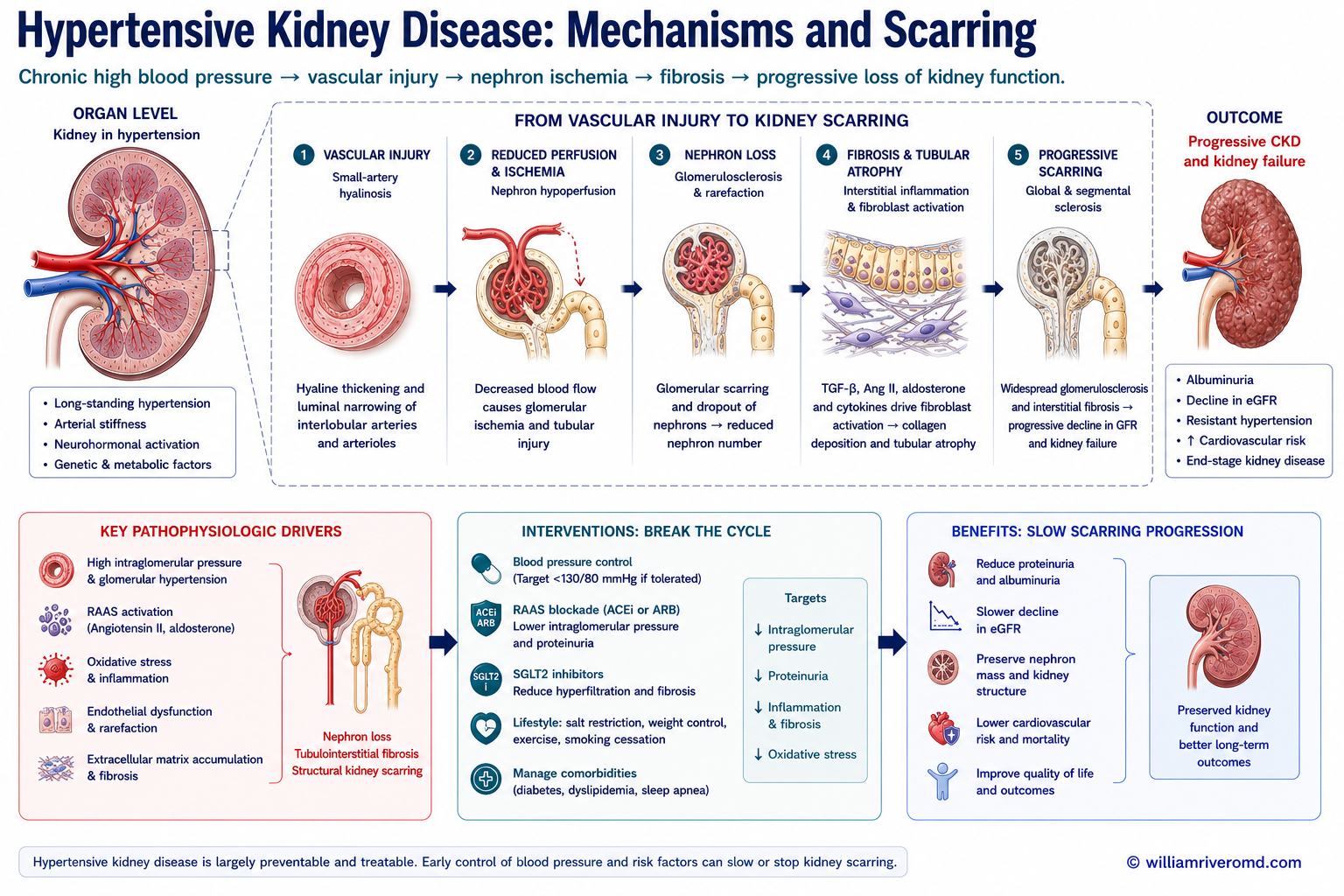The Mechanism: Pressure, Scarring, and Lost Nephrons — how high blood pressure damages glomeruli, the cycle of nephron loss, and how to break it