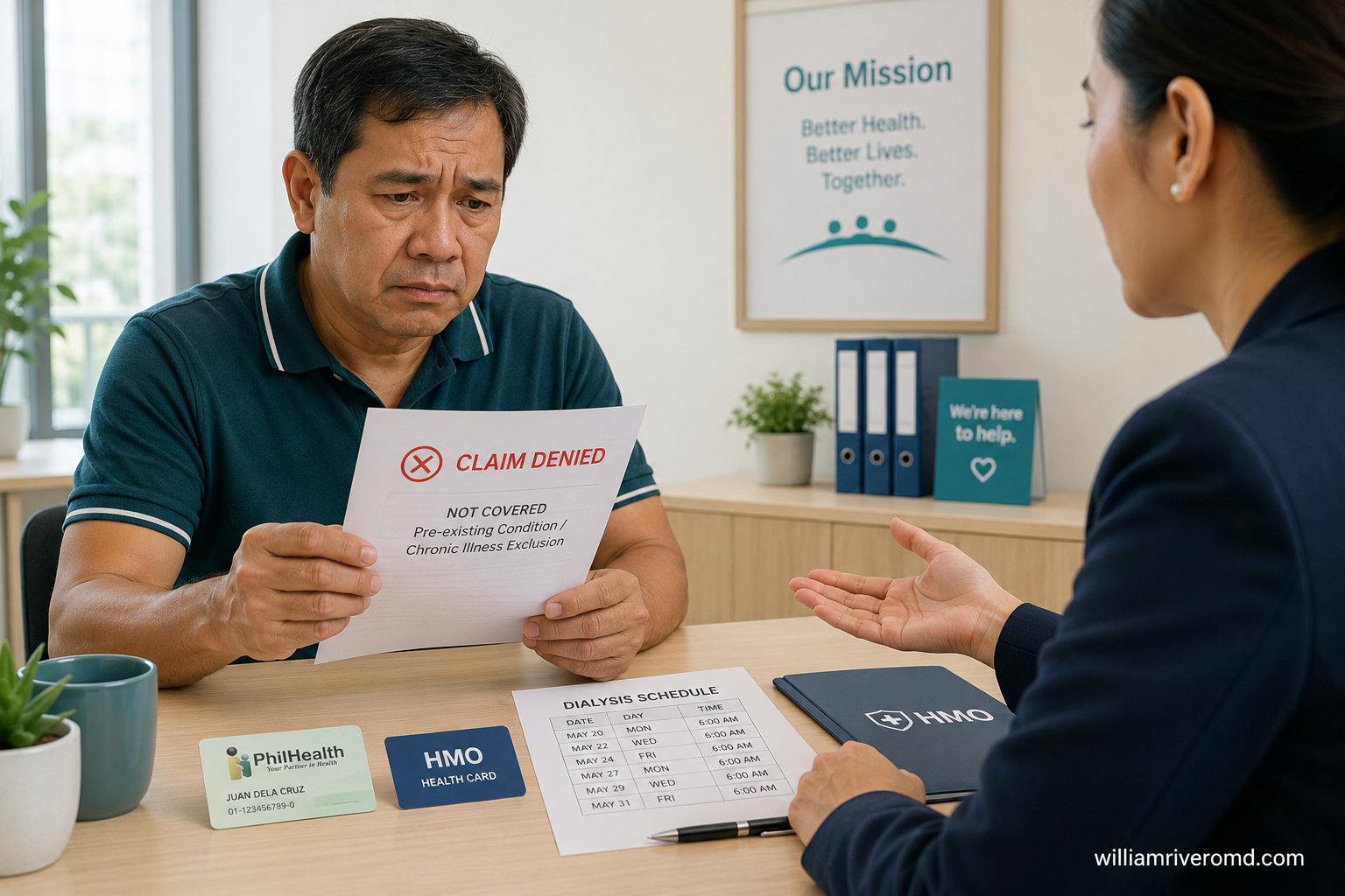 Filipino CKD patient in their 50s sitting across from an HMO representative, holding a denial letter, with a PhilHealth card, an HMO card face-down, and a dialysis schedule on the desk