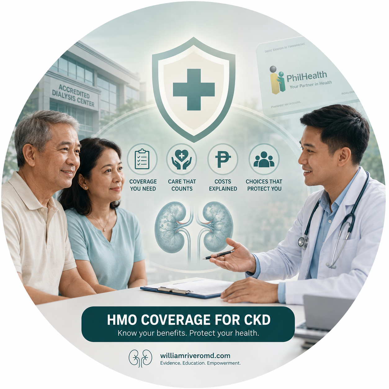 Filipino chronic kidney disease patient holding a denial letter across a desk from an HMO representative, with a PhilHealth card and dialysis schedule