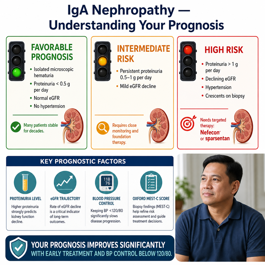 IgA Nephropathy prognosis tiers — favorable (isolated hematuria), intermediate (0.5–1 g/day proteinuria), high risk (>1 g/day, declining eGFR)