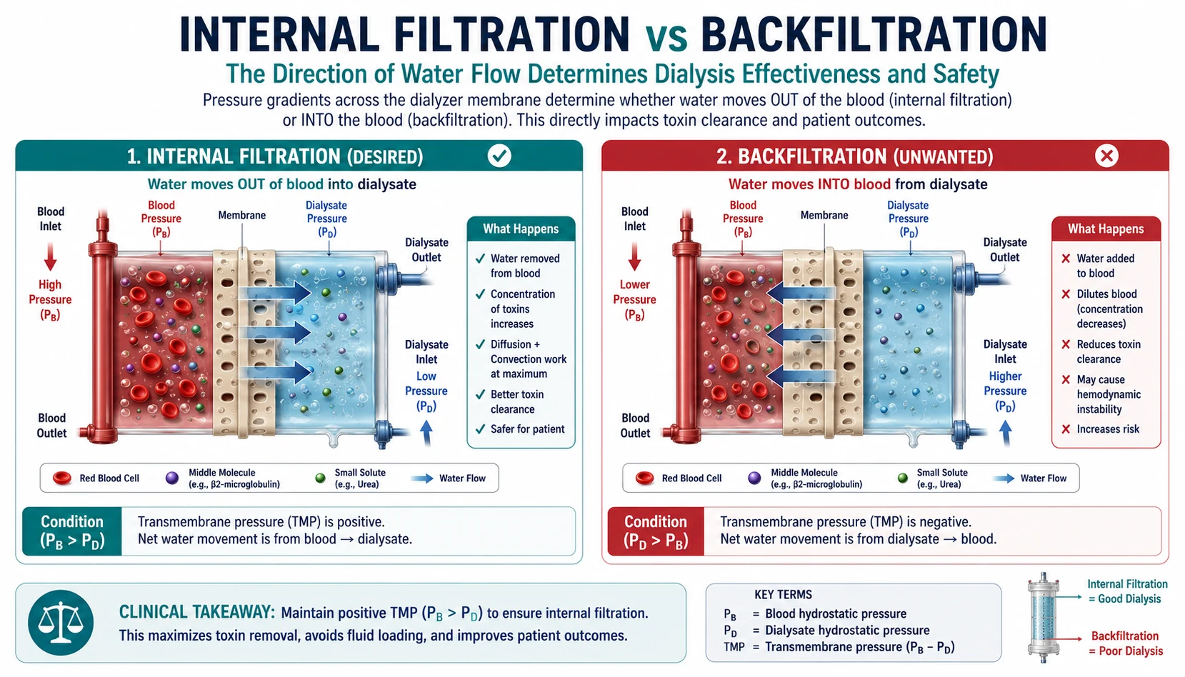 Internal filtration-backfiltration mechanism in a vertical hollow-fiber hemodialyzer — proximal forward filtration zone and distal back-filtration zone, with QB 200 vs QB 350 comparison