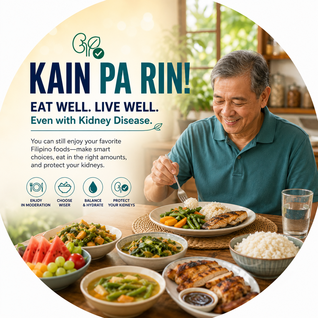 Circular vignette hero illustration for the Kain Pa Rin CKD nutrition guide.
