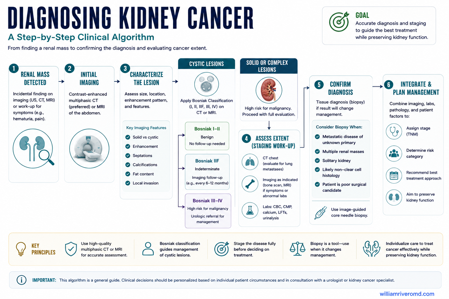 Diagnostic algorithm for an incidental kidney mass — from ultrasound to contrast CT or MRI characterization, staging, and the decision between surveillance, biopsy, and surgery