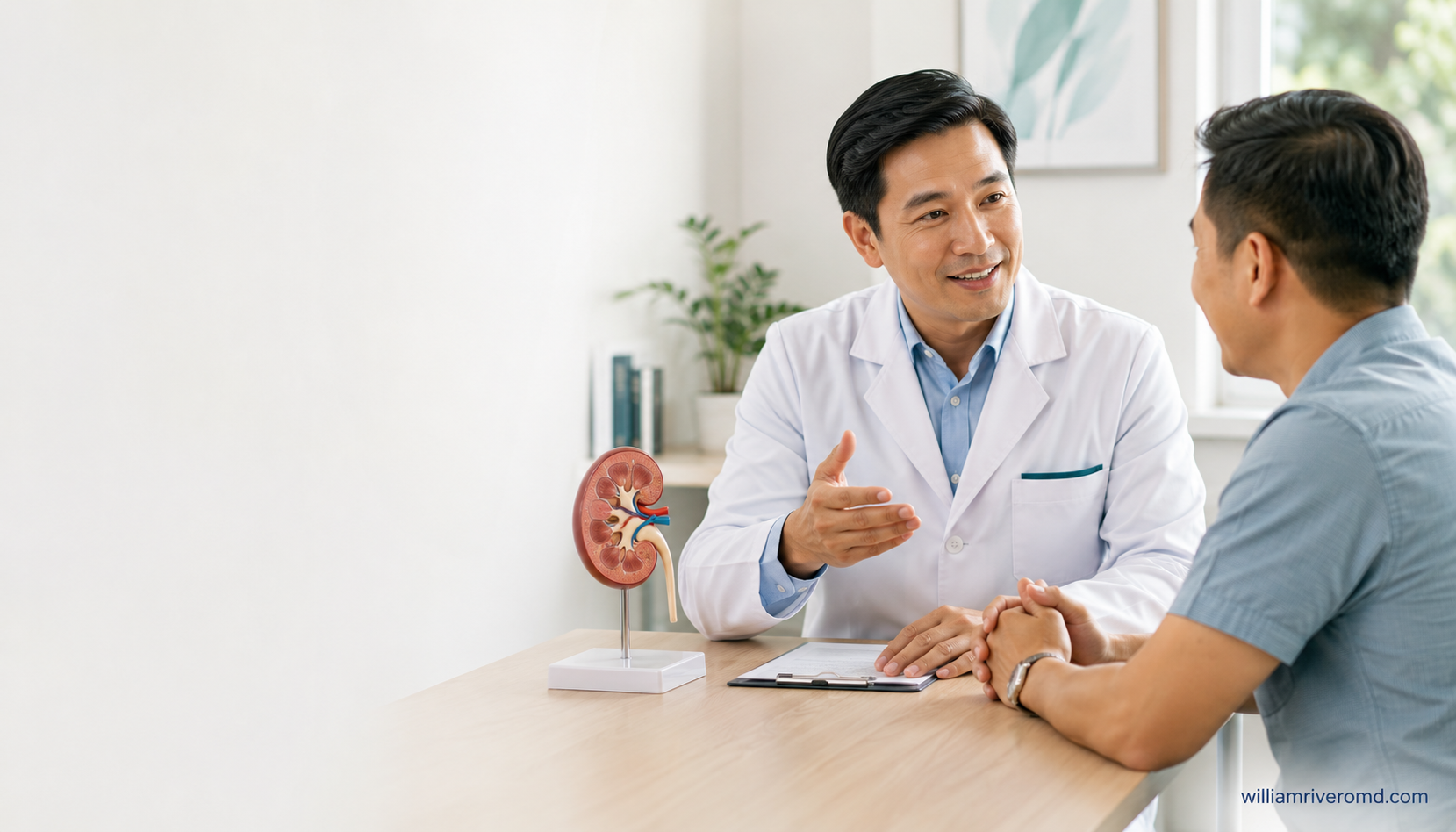 A Filipino nephrologist explaining kidney cancer to a patient beside a kidney model — Kidney Cancers patient and clinician guide